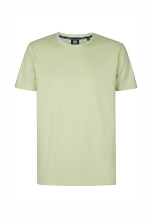 T-shirt in cotone verde chiaro con maniche corte, colletto a girocollo e piccolo logo in rilievo sul petto; texture liscia e vestibilità comoda.