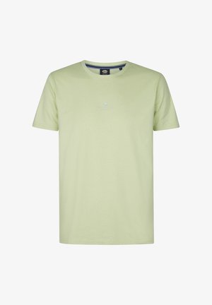 Világos zöld pamut póló rövid ujjakkal, kerek nyakkivágással és kis dombornyomott logóval a mellkason; sima textúrájú és laza szabású.