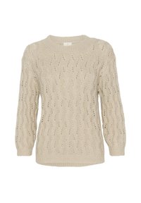 Maglione beige lavorato a maglia con un motivo testurizzato, scollatura a girocollo e maniche lunghe. Presenta un orlo e polsini a coste.