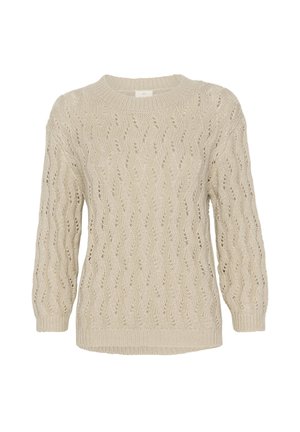 Pull en tricot beige avec un motif texturé, col rond et manches longues. Il présente un ourlet et des poignets côtelés.