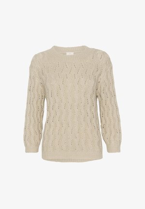 Pull en tricot beige avec un motif texturé, col rond et manches longues. Il présente un ourlet et des poignets côtelés.