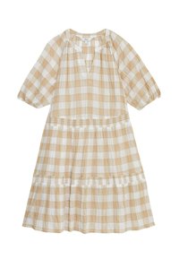Rutig klänning i beige och vitt, med trekantsfållar och V-formad halsringning. Har korta puffärmar och texturerad tyg.