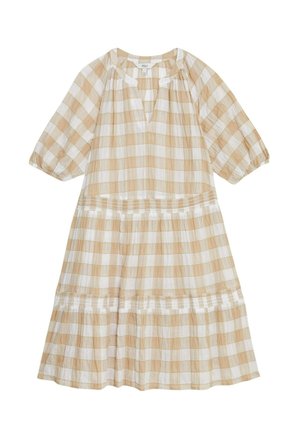 Gingham jurk in beige en wit, met gelaagde ruches en een V-hals. Heeft korte pofmouwen en een gestructureerde stof.