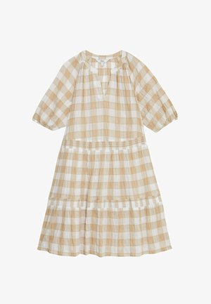 Gingham jurk in beige en wit, met gelaagde ruches en een V-hals. Heeft korte pofmouwen en een gestructureerde stof.