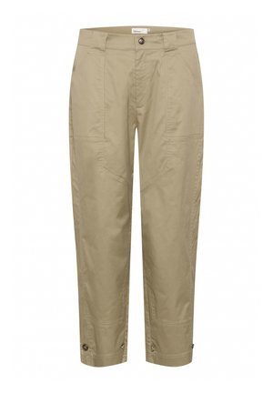 Pantaloni beige leggeri con taglio dritto, dotati di tasche laterali e dettagli con bottone all'orlo per una vestibilità e uno stile regolabili.