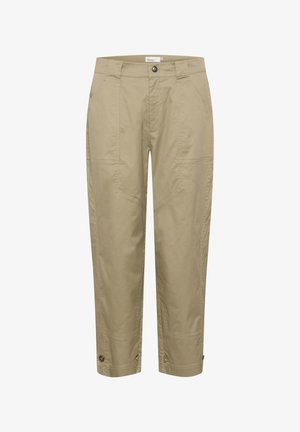 Beige, leichte Hose mit geradem Schnitt, ausgestattet mit Seitentaschen und Knopfdetails am Saum für eine verstellbare Passform und Stil.