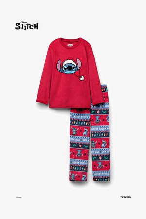 Red long-sleeve top featuring Stitch in a Santa hat, paired with patterned pants in red, blue, and black with holiday-themed graphics.