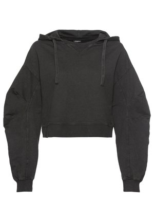 Black cropped hoodie made of sweatshirt fabric, featuring a V-neck, drawstring hood, and oversized sleeves with ribbed cuffs and hem.