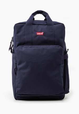 Navy blue Levi's backpack with rectangular shape, two top handles, front zip pocket, and textured fabric. Features logo on front.