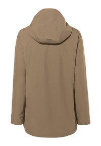 Giacca impermeabile marrone con cappuccio, caratterizzata da una texture liscia, maniche lunghe e un taglio dritto. Branding minimale vicino al colletto.