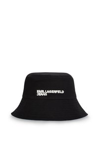 Cappello a secchiello nero in cotone, con la scritta bianca ricamata "KARL LAGERFELD JEANS," dotato di una larga visiera svasata e una parte superiore strutturata.