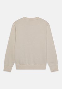 Felpa beige, tessuto morbido, colletto a girocollo, polsini e orlo ribattuti, design minimalista senza grafiche o dettagli aggiuntivi.