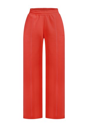 Pantaloni larghi rossi con una texture morbida, dotati di vita elastica e dettagli di cucitura a contrasto. Senza tasche né hardware visibili.