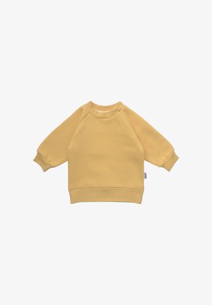 Yellow pullover sweatshirt with raglan sleeves, rounded neckline, and ribbed cuffs and hem. Made from soft, textured fabric.