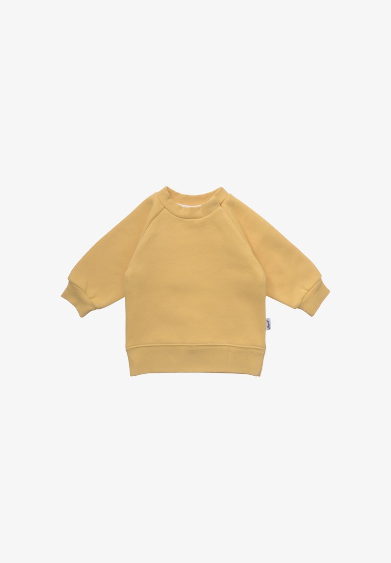 Yellow pullover sweatshirt with raglan sleeves, rounded neckline, and ribbed cuffs and hem. Made from soft, textured fabric.