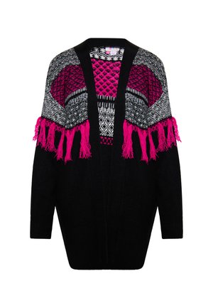 Zwarte cardigan met een gebreide yoke in grijs, roze en wit, met franjes aan de randen en een open voorkant. Zachte gebreide stof.