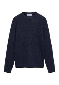 Pull en maille bleu marine avec un motif en torsades texturé, col rond et manches longues. Confectionné en matériau doux et chaud.