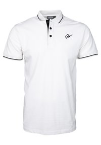 Witte polo shirt van katoen, met een zwarte kraagrand, een drieknopen sluiting en een subtiele zwarte logo op de borst.