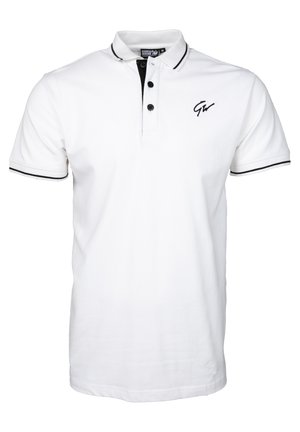 Witte polo shirt van katoen, met een zwarte kraagrand, een drieknopen sluiting en een subtiele zwarte logo op de borst.