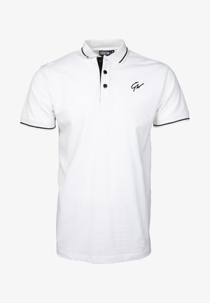 Witte polo shirt van katoen, met een zwarte kraagrand, een drieknopen sluiting en een subtiele zwarte logo op de borst.