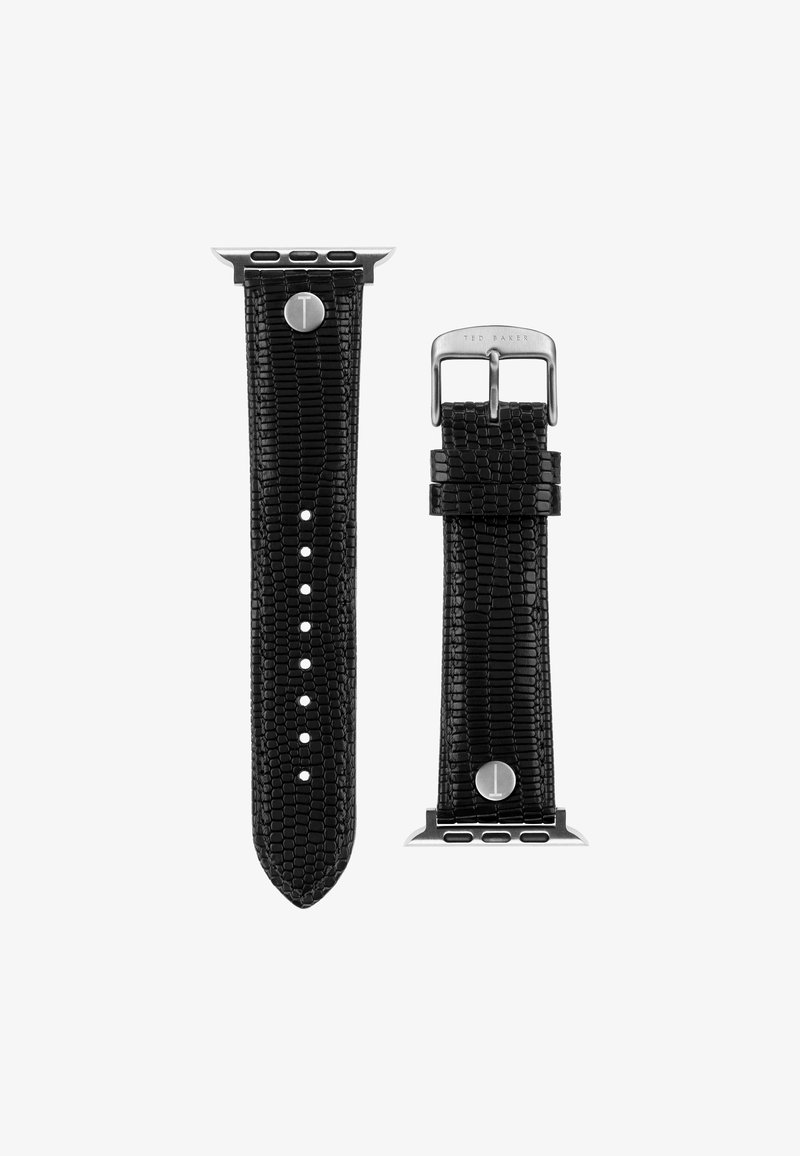 Fekete bőrszíj, krokodilbőr mintázattal, ezüst színű fémrészekkel és állítható csattal. Több lyukkal rendelkezik a méret állításához.