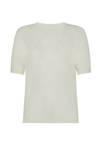 Top a maniche corte in maglia color crema con scollatura tonda, orlo a coste e una texture liscia, progettato per un uso casual.