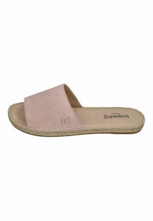 Pink suede open-toe slip-on sandal with braided jute sole and flat heel, marking size 38 on beige footbed.