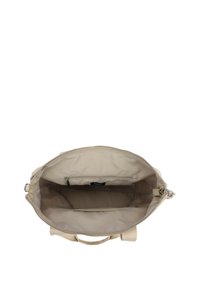 Beige shoppingväska med dragkedja upptill. Inuti finns ett stort fack med en liten dragkedjeficka och en extra slot. Tygets struktur.