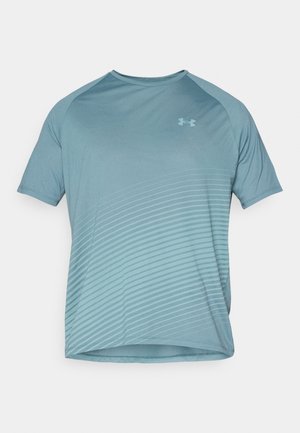 Light blue short-sleeve athletic shirt with a crew neckline, featuring a gradient design and subtle horizontal stripes near the hem.