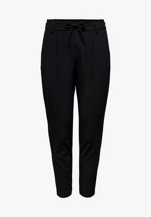Pantalon noir fuselé avec taille élastique et cordon, avec passants de ceinture et plis subtils à l'avant.