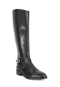 Black leather knee-high boot with a sleek surface, a narrow ankle strap featuring a gold buckle, and a low block heel.