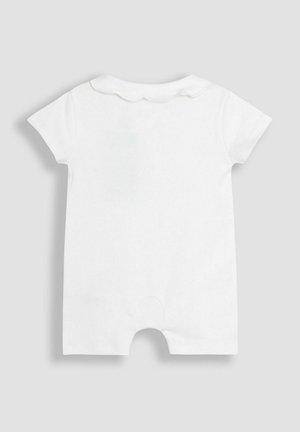 White cotton onesie with short sleeves, scalloped collar, and snap closure at the bottom. Smooth texture, simple design, no patterns.