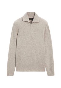 Maglione grigio chiaro lavorato a maglia con collo a mezza zip e maniche lunghe. Presenta una texture a coste e un design aderente. Nessun logo o dettaglio visibile.