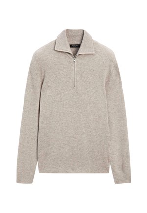 Pull en maille gris clair avec col à demi-fermeture éclair et manches longues. Présente une texture côtelée et une coupe ajustée. Aucun logo ou accent visible.