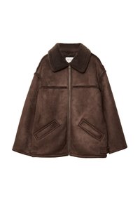 Giacca in shearling marrone con ampio colletto, zip frontale e due tasche inclinate, progettata per calore e comfort.