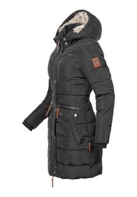 Black puffer coat with a fur-lined hood, zippered pockets, ribbed cuffs, and a brown logo patch on the left arm. Features stitch detailing.