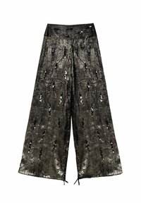 Pantalon noir à jambes larges en matériau texturé avec des accents de sequins. Le modèle comprend une taille haute et des détails avec cordon de serrage.