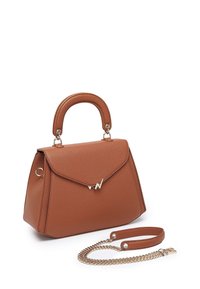 Brown leather handbag with a structured shape, top handle, and adjustable chain strap. Features a flap closure and metal logo accent.