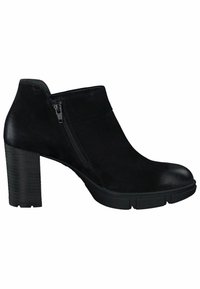 Botte noire en suède à la cheville, avec un bout rond, une fermeture éclair sur le côt�é et un talon chunky strié. Elle présente une texture lisse et une semelle en caoutchouc robuste.