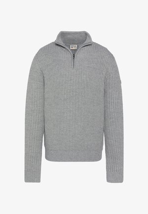 Maglione grigio in maglia a coste con colletto con mezza cerniera, maniche lunghe e polsini ed orlo elasticizzati. Presenta un piccolo logo sulla manica.