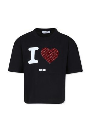Zwarte t-shirt met korte mouwen, versierd met een witte "I" en een rood pailletten hartdesign, met het "MSGM" logo eronder gedrukt. Glad katoen textuur.