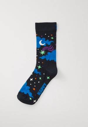 Navy socks featuring multicolored cloud and star patterns, with a crescent moon motif. "HAPPY" text in blue on the side. Soft fabric.