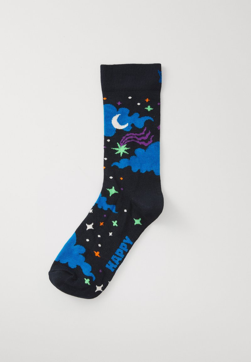 Chaussettes navy avec des motifs nuages et étoiles multicolores, agrémentées d'un motif de lune croissante. Texte "HAPPY" en bleu sur le côté. Tissu doux.