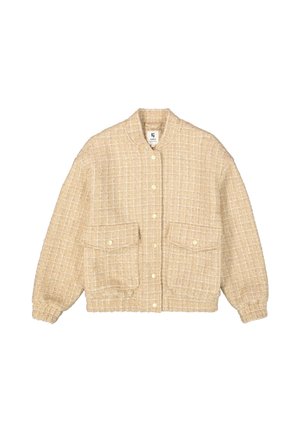 Beige textuur gebreide wolblend jas met drukknoopjes, twee voorflapzakken, lange mouwen en een ronde kraag, plat gelegd op een witte achtergrond.