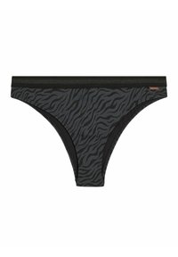 Čierne a šedé bikiny s pruhmi zebra s hladkým povrchom a elastickým pásom. Má dekoratívnu značkovú etiketu na boku.