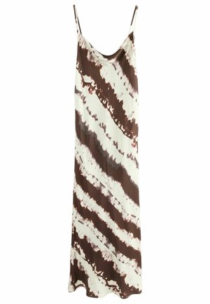 Robe longue sans manches avec fines bretelles comportant un motif tie-dye diagonal marron et blanc.