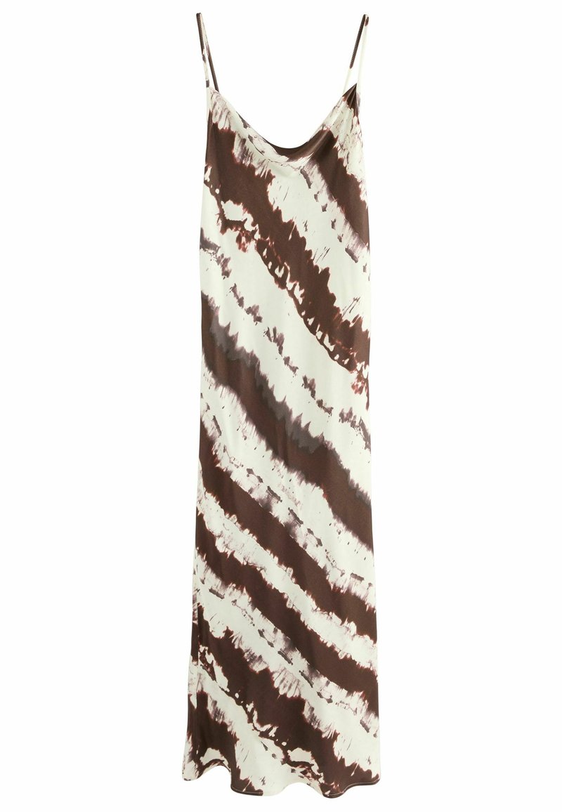 Robe longue sans manches avec fines bretelles comportant un motif tie-dye diagonal marron et blanc.