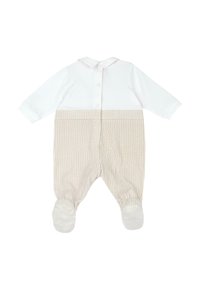 Combinaison longue en bébé avec un haut blanc, un bas à rayures verticales beiges et marron, des boutons-pression à l'avant et des chaussons intégrés.