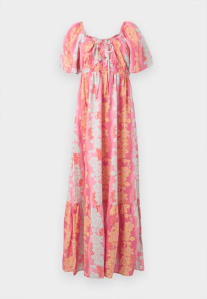 Pink maxi dress with puff sleeves, front tie neckline, and yellow and light blue floral pattern.