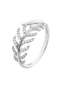Anello in argento progettato come una foglia stilizzata con molte curve, decorato con gemme trasparenti lungo i bordi della foglia, finitura lucida.